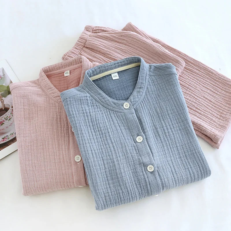 2026 Spring and Autumn New Couple Pajama Set 100% Pure Cotton Crepe Cloth Men's and Women's Stand up Neck Simple Home Clothing
