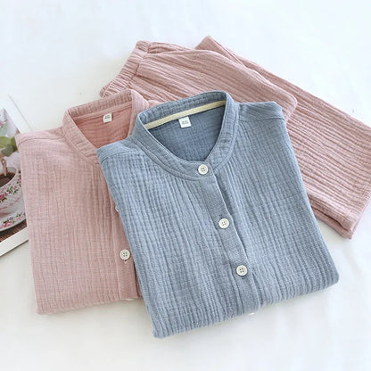 2026 Spring and Autumn New Couple Pajama Set 100% Pure Cotton Crepe Cloth Men's and Women's Stand up Neck Simple Home Clothing