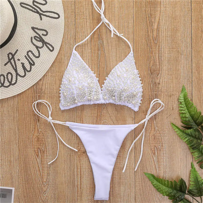 Sexy Halter Mini Bikini Female Swimsuit Women Swimwear Two-pieces Bikini set Luxury Pearl Bather Bathing Suit Swim Lady V2090