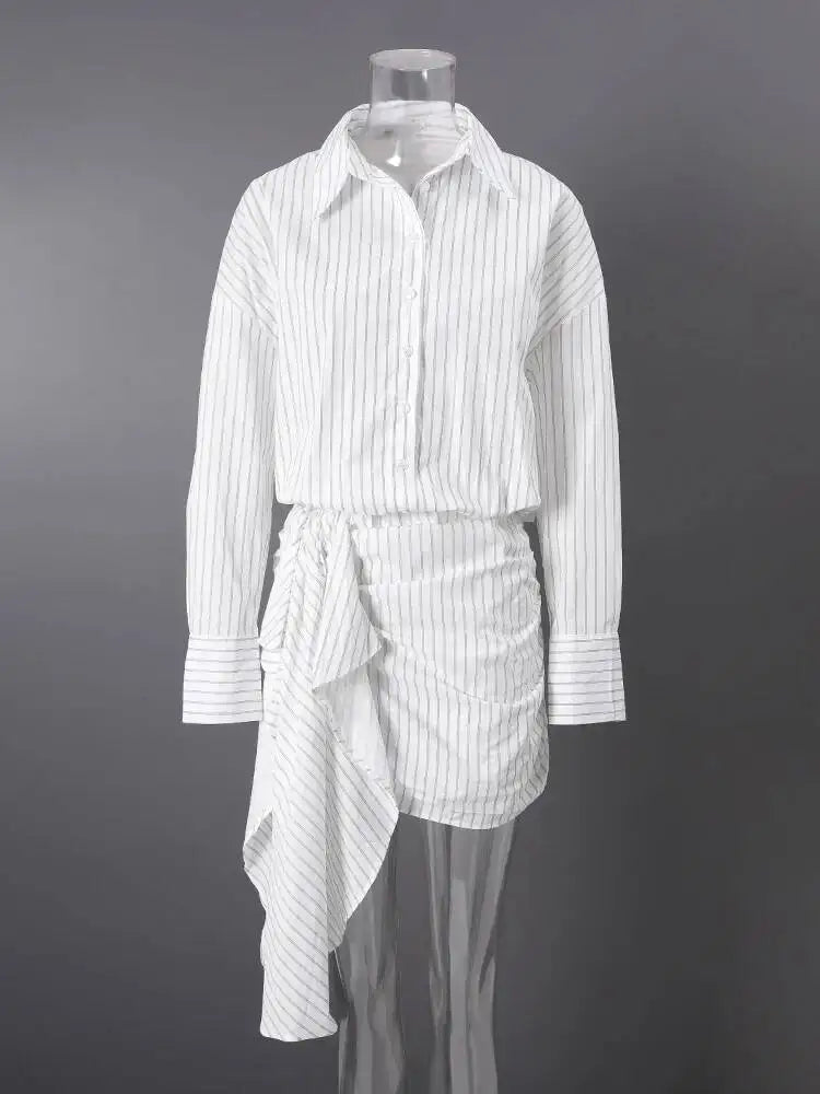 DEAT Fashion Striped Wrap Tie Waist Shirt Mini Dress Women's Lapel Asymmetric Ruched Hem Striped Bodycon Dresses Summer New