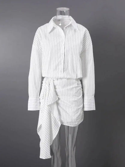 DEAT Fashion Striped Wrap Tie Waist Shirt Mini Dress Women's Lapel Asymmetric Ruched Hem Striped Bodycon Dresses Summer New