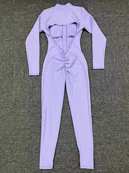 Hearuisavy Summer V Back Sports Jumpsuit Yoga Clothes Rompers Women Long Sleeveles Workout Bodysuits Backless One-piece Suit
