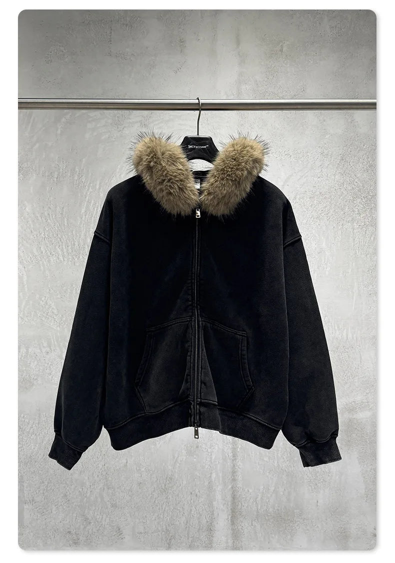 Custom LOGO Men's 400G Autumn Winter Retro Washed Boxy Fleece Collar Plush Thickened  Hooded  Zipper Jacket Couple style set