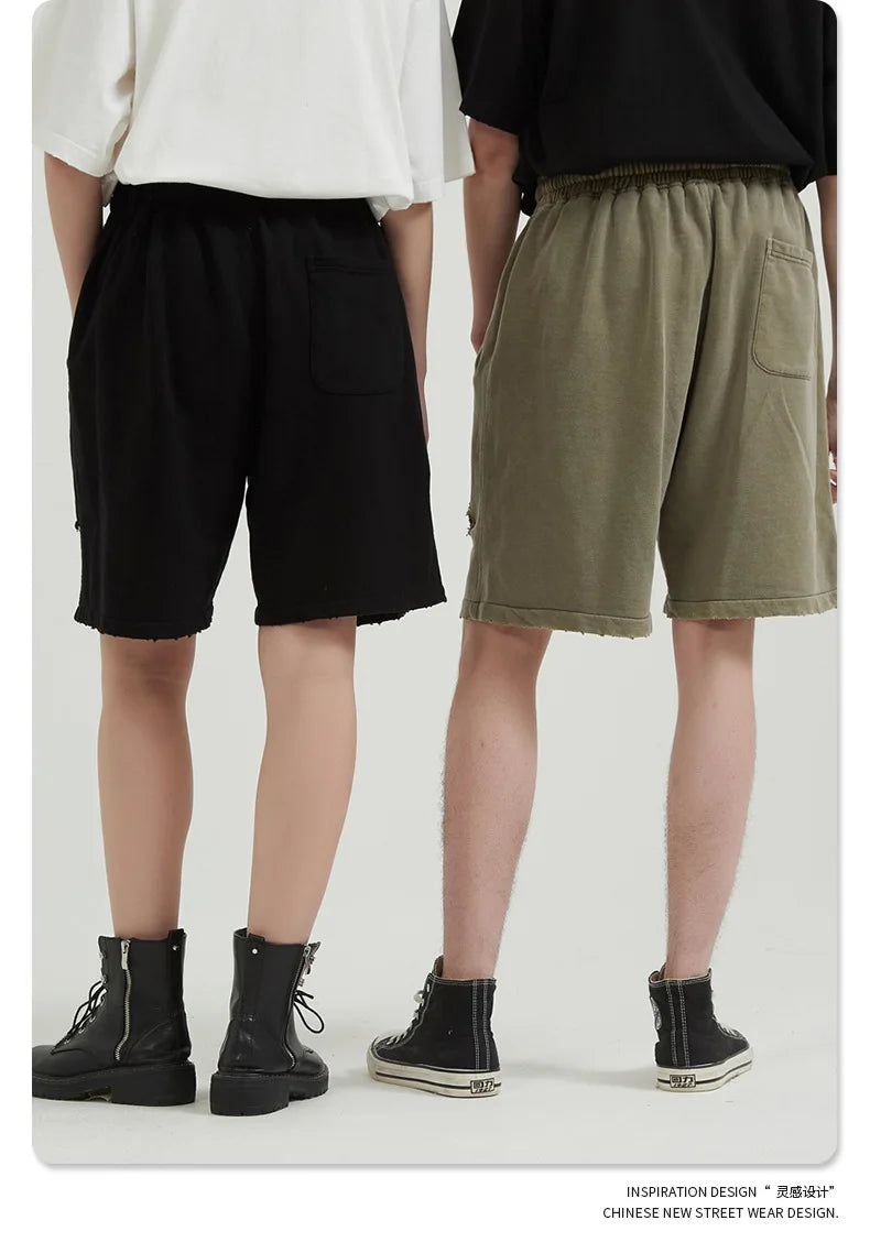 Customized LOGO Men's Heavy 100% Cotton High Street Wind Wash Old Loose Cut Couple Retro Shorts