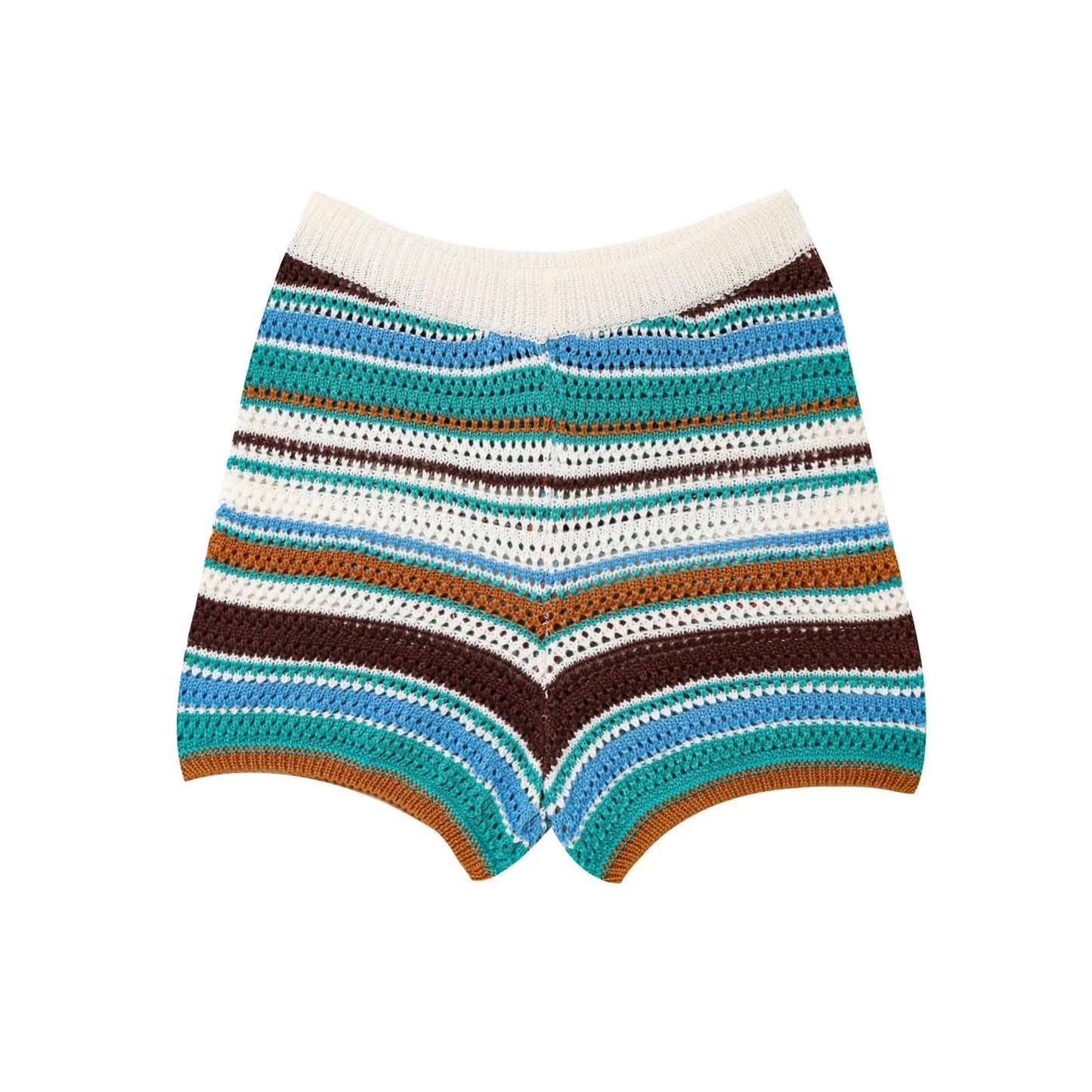 Women Patchwork Striped Hollow Out Crochet Knitted Crop Sweater Shorts Set Short Sleeve Polo Collar Sweater Knit Shorts Suit Y2K