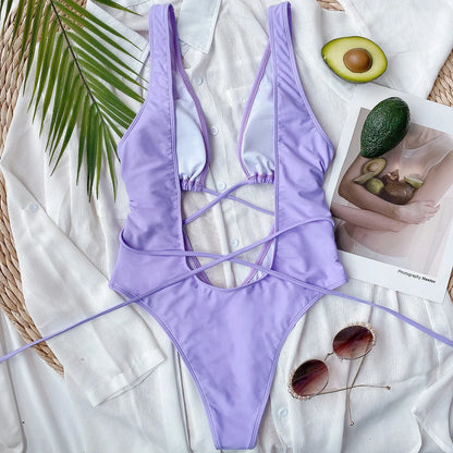 Sexy Bandage Wrap Around Tummy Cut Out Deep V Monokini One Piece Swimsuit Women Swimwear Female Bather Bathing Suit Swim V1037