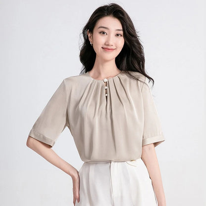 YOLANFAIRY 100% Natural Mulberry Silk T Shirts Woman Clothing 2026 Summer Loose Fashion T Shirt Elegant Womens Tops Short Sleeve