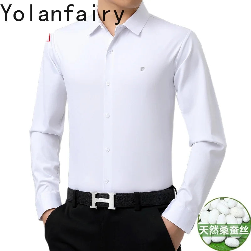 YOLANFAIRY 100% Mulberry Silk Long Sleeve Shirt Man Spring Autumn Casual Silk Mens Shirts Warm Male White Shirt chemises hommes