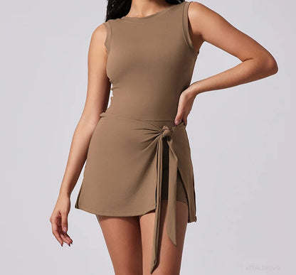 VITALINOVO Tennis Dress for Women with Built in Shorts Womens Athletic Dresses Sleeveless Boat Neck Active Workout Skort Dress