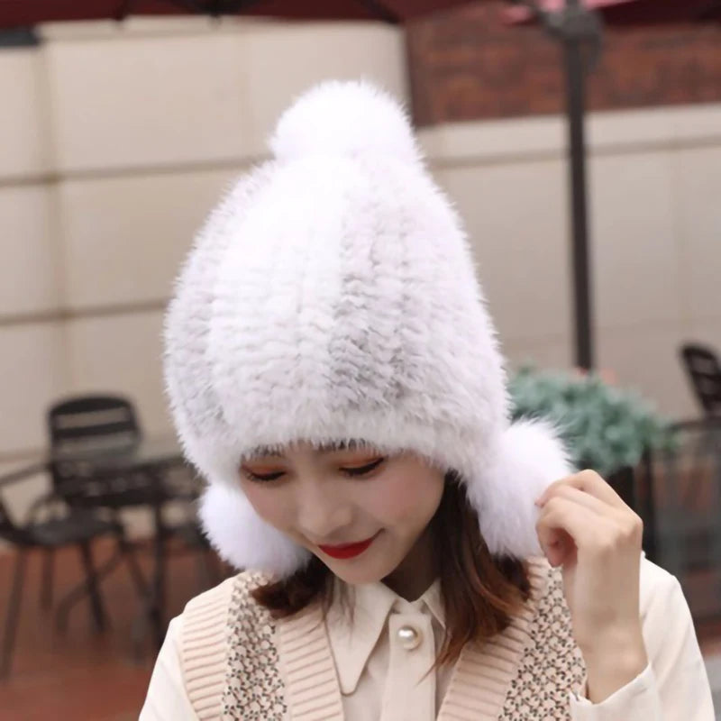 Fashion Women Real mink hat Winter warm mink fur knit hats Women fox fur ball cap