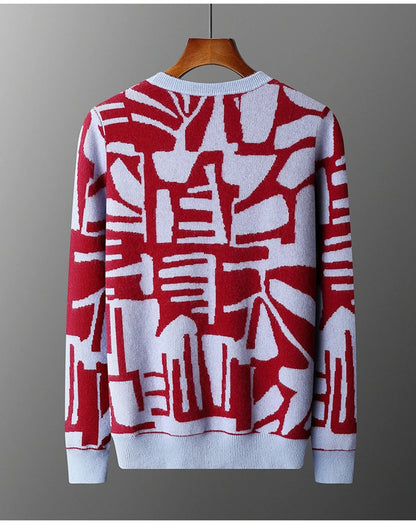 New Men's Sweater 100% Cashmere Autumn Winter Fashion Knitted Jacquard Pullover Color blocked O-Neck Thickened Men's Wear Top