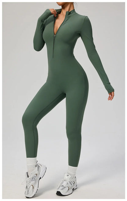 TRY TO BN Women's Jumpsuit Long Sleeve Zipper Shapewear Bodysuit Yoga Fitness One Piece Tights Gym Clothing Mono Deportivo Mujer