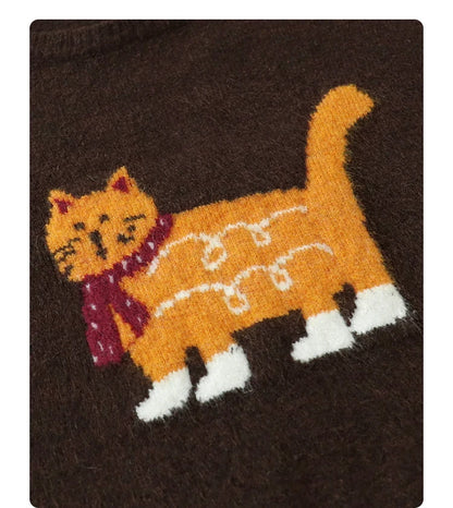 CHIC VEN New Women Sweaters Loose Casual O Neck Cartoon Cat Female Knitted Jumpers Pullovers for Girl Autumn Winter 2025