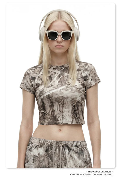 Custom LOGO women's 315G cotton polyester summer short front shoulder camouflage short-sleeved T-shirt vest casual sports suit