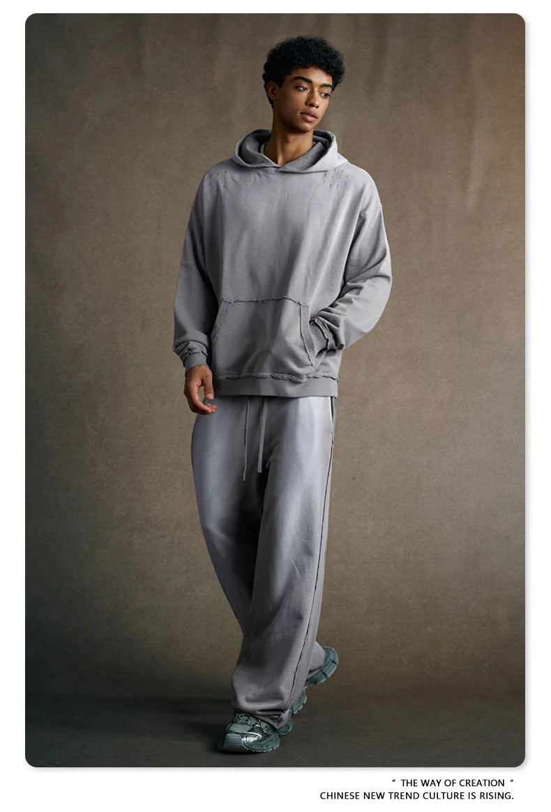 Custom LOGO men's 2025 autumn 370G heavy 100% cotton gradual change hole hooded sweater straight trousers set