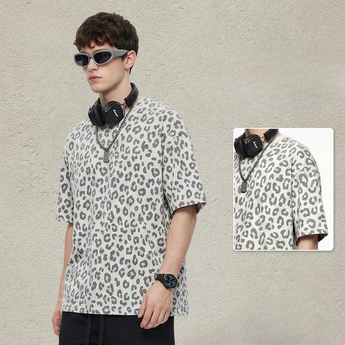 Custom LOGO men's new summer 240G cotton polyester American retro BOXY leopard print short-sleeved T-shirt casual loose top