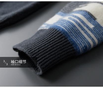 Men's 100% Merino Wool Color-Blocked O-Neck Sweater Long Sleeves Fashion Pullover Cashmere Loose Soft Warm Leisure Clothing Top
