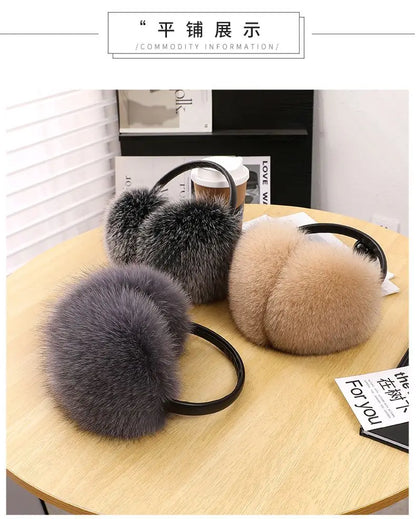 New Arrival Women 100% Real Fox Fur Ear Cover Plush Genuine Fox Fur Earmuff Winter Lady Big Pompoms Fox Fur Fluffy Earmuffs Warm