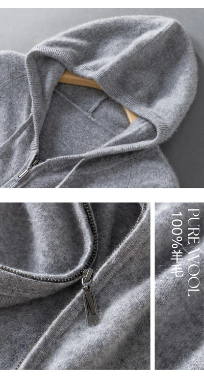 DjzDsm Autumn and Winter100% Merino Wool Men's Knitted Top Zipper Hoodie Zipper Cardigan Knitted Coat Sweater Hoodie