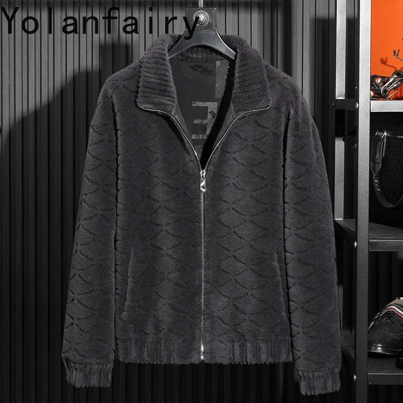YOLANFAIRY Winter 100% Sheep Shearing Jacket Man Clothing Fashion Stand Collar Granular Lamb Fur Coat Men's Jackets chaqueta
