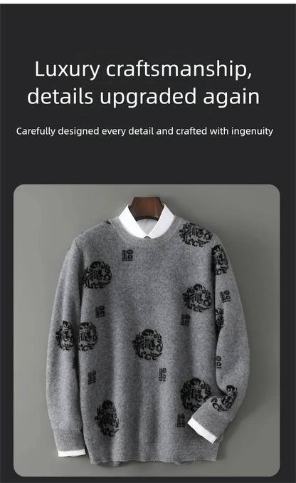 Men's 100% Pure Wool Sweater O-Neck Loose Pullover Autumn/Winter New Embroidery Business Casual Cashmere Tops Knit Bottom Shirt