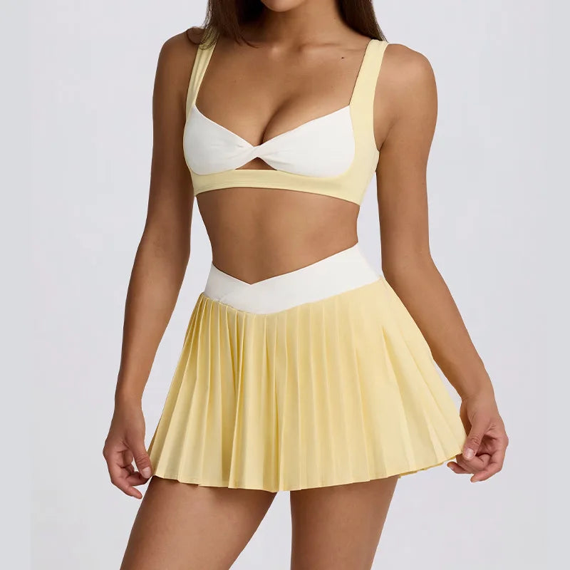 Women's breathable false two pieces, quick-drying, anti-slip, transparent-proof running sports high-waist fitness tennis set