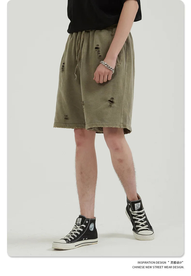 Customized LOGO Men's Heavy 100% Cotton High Street Wind Wash Old Loose Cut Couple Retro Shorts