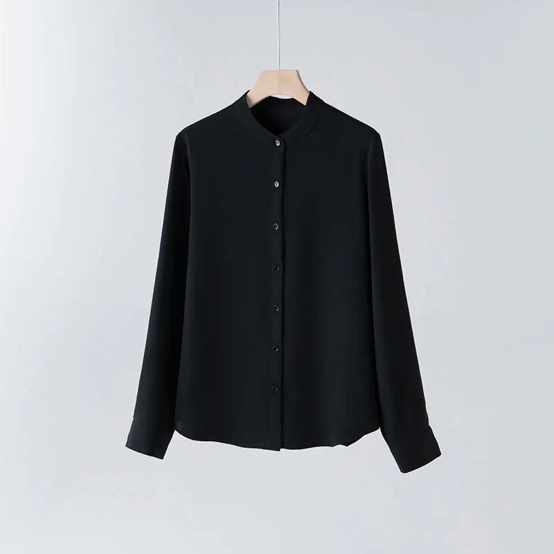 YOLANFAIRY 93% Natural Mulberry Silk Shirts Woman 2026 Stand Collar Long Sleeve Blouse Women Elegant White Shirt OL Ladies Tops