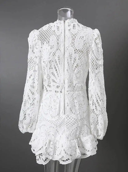 DEAT Fashion White Stand Collar Lantern Long Sleeve Water-soluble Lace Dress A-line Ruffle Hollow Party Mini Dresses Summer New