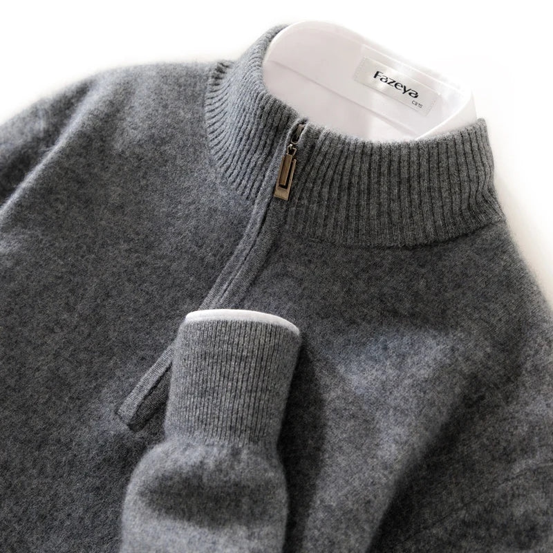 High-end 100% Cashmere Pullover for Men Mock Collar Thick Sweater Autumn Winter Knitted Jumper Warm Clothing Smart Casual Top