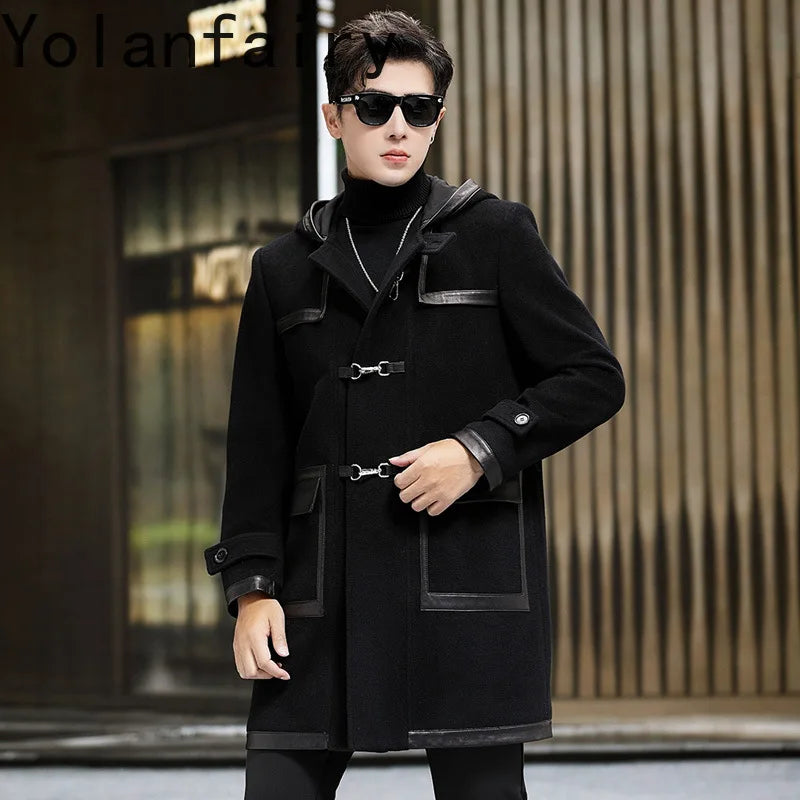 YOLANFAIRY Luxury Woolen Jackets for Man Autumn Winter Mid-length Pure Wool Patchwork Sheepskin Trench Coat Hooded Mens Jacket