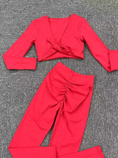 Yoga Set Women Clothes Workout Set 2 Pieces Sportswear Gym Clothing Fitness Long Sleeve Crop Top High Waist Leggings Sports Suit