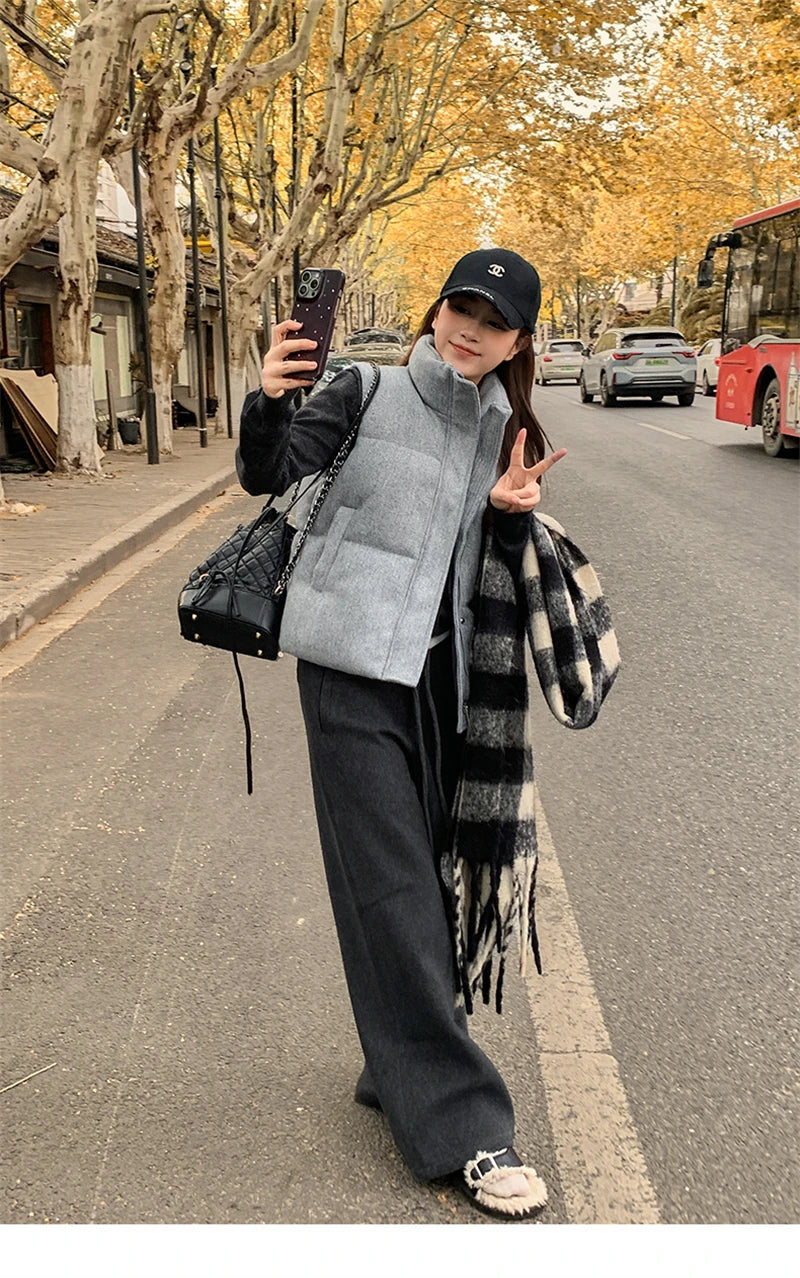 Short Down cotton Vest Women's 2025 Korean Fashion New Stand-up Sleeveless Zipper Student Vest Jacket Black Gray Waistcoat Tide