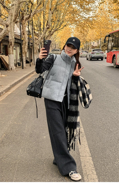 Short Down cotton Vest Women's 2025 Korean Fashion New Stand-up Sleeveless Zipper Student Vest Jacket Black Gray Waistcoat Tide