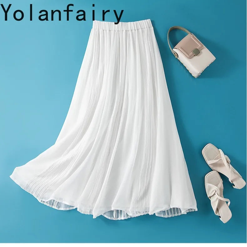 YOLANFAIRY 8mm 100% Real Mulberry Silk Skirts for Women 2026 Summer Solid Elastic Waist Skirt Woman Elegant Black Skirt Fashion