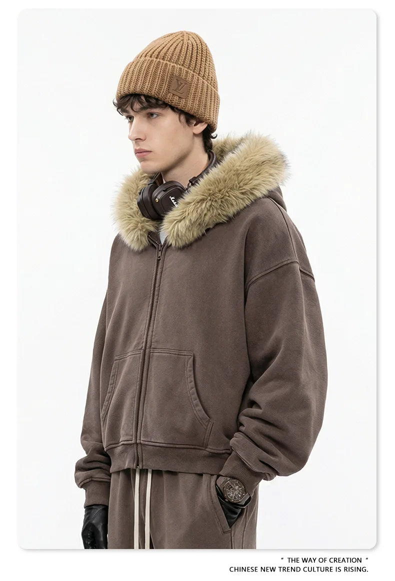 Custom LOGO Men's 400G Autumn Winter Retro Washed Boxy Fleece Collar Plush Thickened  Hooded  Zipper Jacket Couple style set