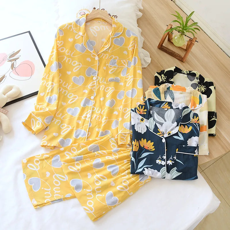 Spring and summer new 100% viscose pajamas two-piece long-sleeved trousers women's flowers comfortable plus size homewear suit