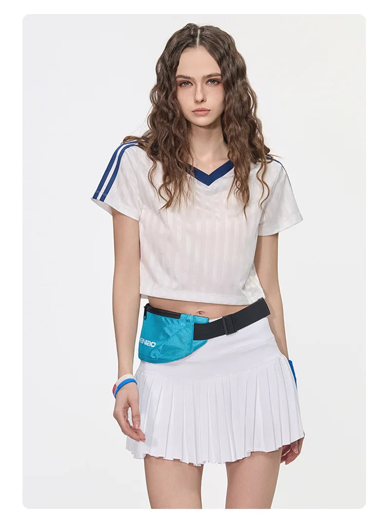 Customized LOGO Women's Spice Girls V-Neck Football Sports T-Shirt Patch Striped Casual Retro Short Sleeve Top