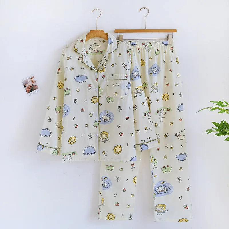 Spring/Summer 2026 New Women's 100% Cotton Gauze Thin Long Sleeve Pants Two Piece Cardigan Homewear Set Sleepwear Pijama