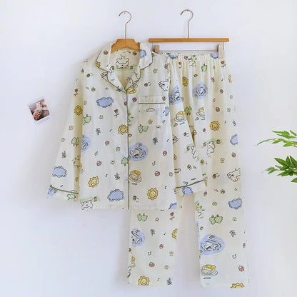 Spring/Summer 2026 New Women's 100% Cotton Gauze Thin Long Sleeve Pants Two Piece Cardigan Homewear Set Sleepwear Pijama