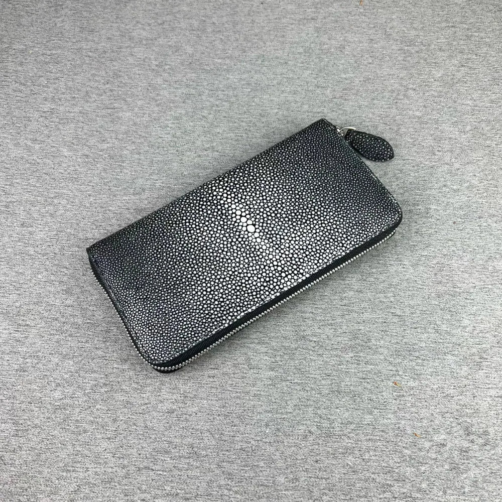 Genuine Unisex Stingray Leather Long Wallet, Exotic Style Leather Clutch for Women, Large Zip Card Holder for Men