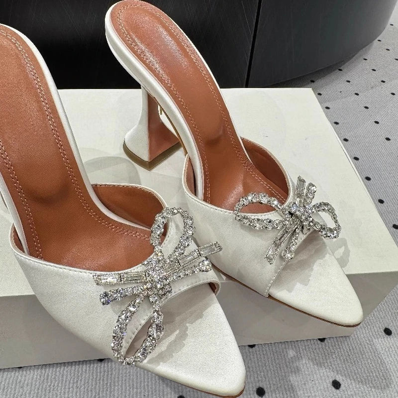 New Bow Rhinestone High-heeled Sandals Sexy Open-toed Fish Mouth Pointed Rear Empty Cool Slippers Women