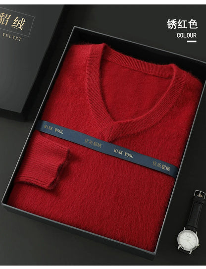100% Pure Mink Cashmere Sweater Men's V-Neck Pullovers Knit Large Size Mink Sweater Winter New Long Sleeve High-End Jumpers Tops