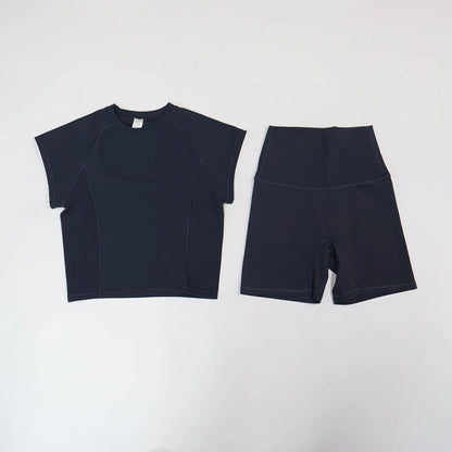 Summer Women's Two-Piece Fitness Set Woman's Short-Sleeve Quick-Dry Yoga Wear for Outdoor Running Sports Female 2Pcs Suit