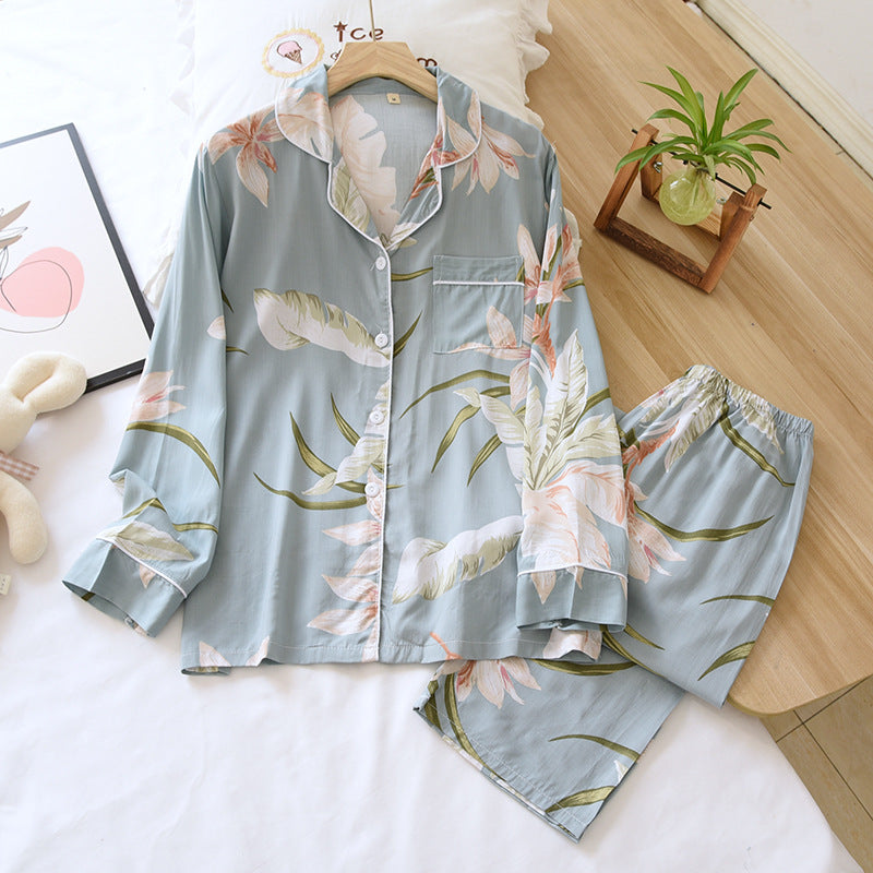 Spring and summer new 100% viscose pajamas two-piece long-sleeved trousers women's flowers comfortable plus size homewear suit