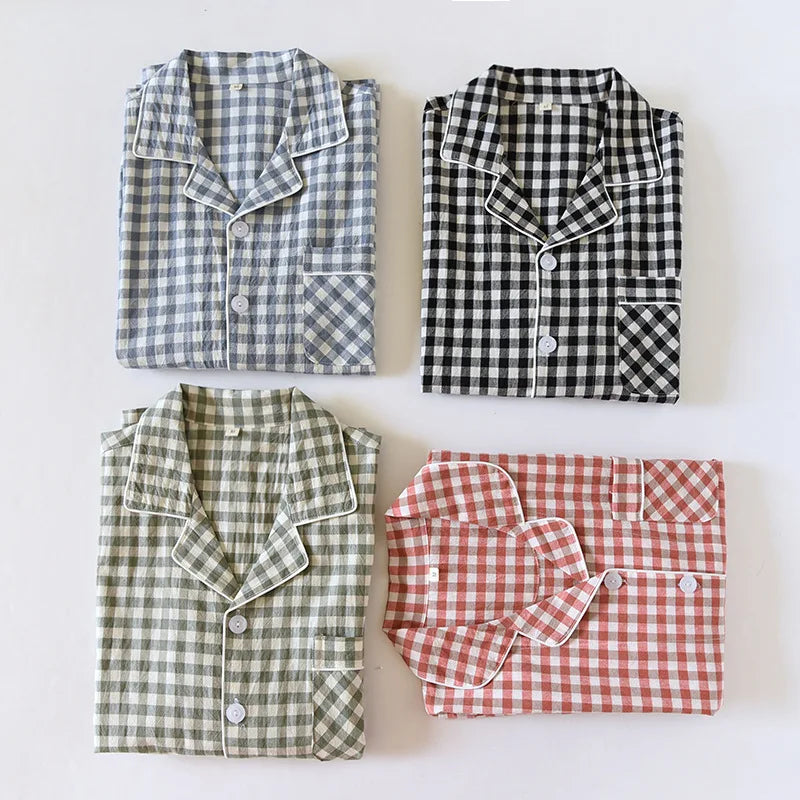 2026 New Japanese Spring and Autumn Couple Pajama Set 100% Cotton Men's and Women's Plaid Long Sleeve Two Piece Home Furnishing