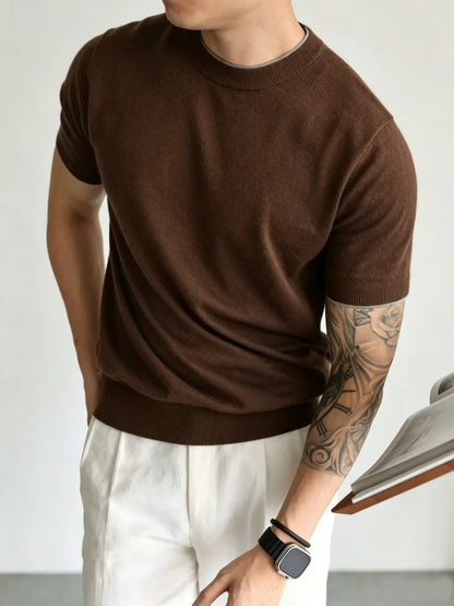 Light Luxury Cashmere Blend Anti Pilling Knitted Short Sleeved Round Neck T-shirt for Men, Retro Casual Business Summer Shirt