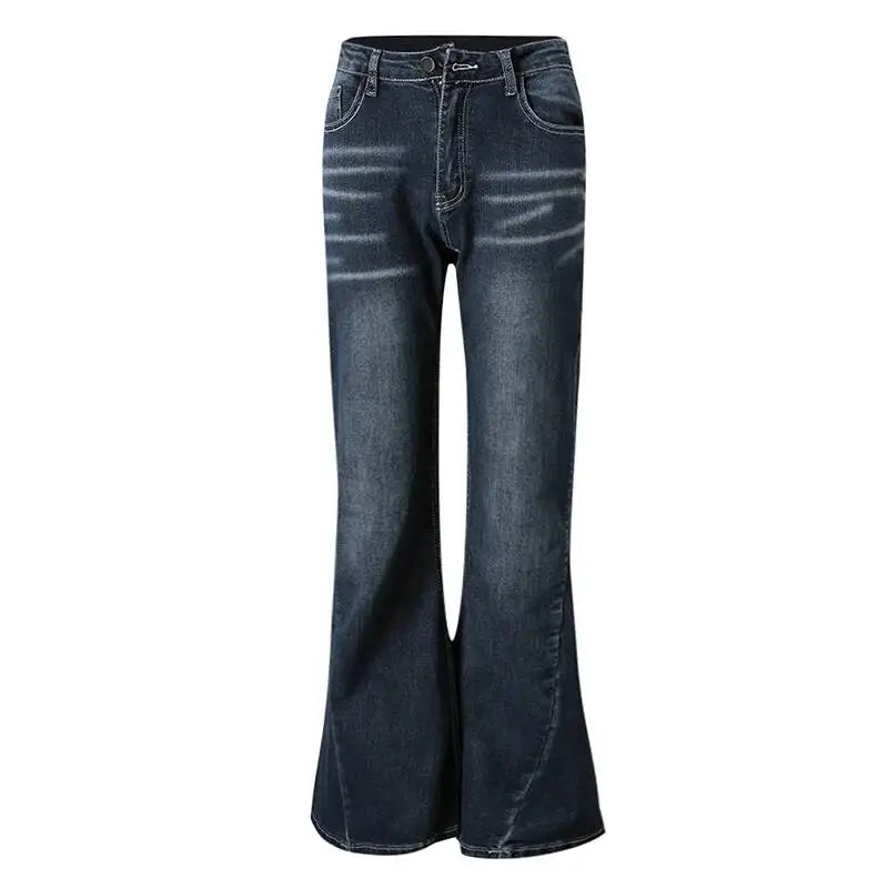 DEAT Fashion Flared Denim Jeans Women's Mid Rise Whiskered Wash Dark Blue Bootcut Jeans Summer New