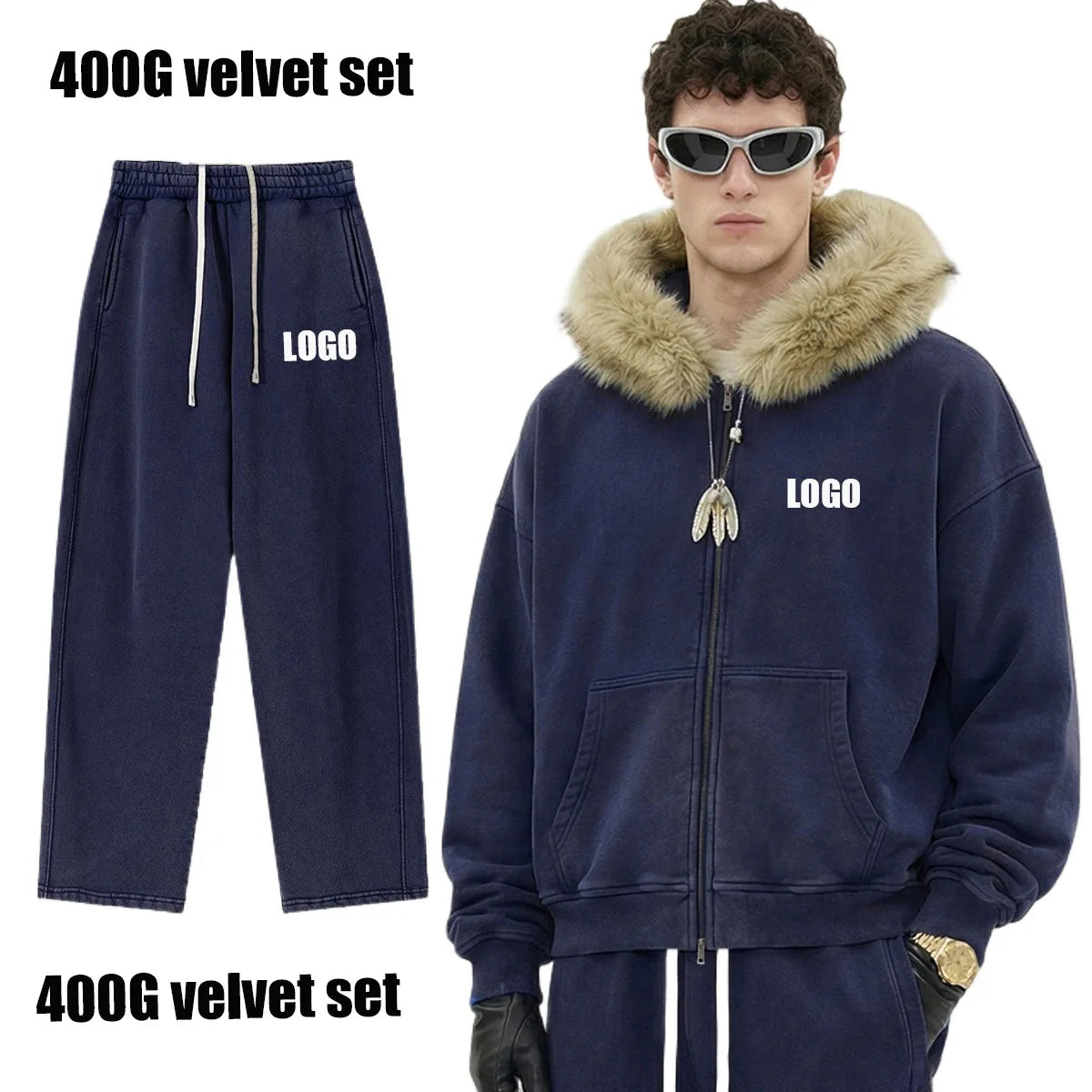 Custom LOGO Men's 400G Autumn Winter Retro Washed Boxy Fleece Collar Plush Thickened  Hooded  Zipper Jacket Couple style set