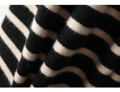 Women's Spring and Autumn 100% Merino Wool 90 Count Knitted Striped Wide Leg Pants